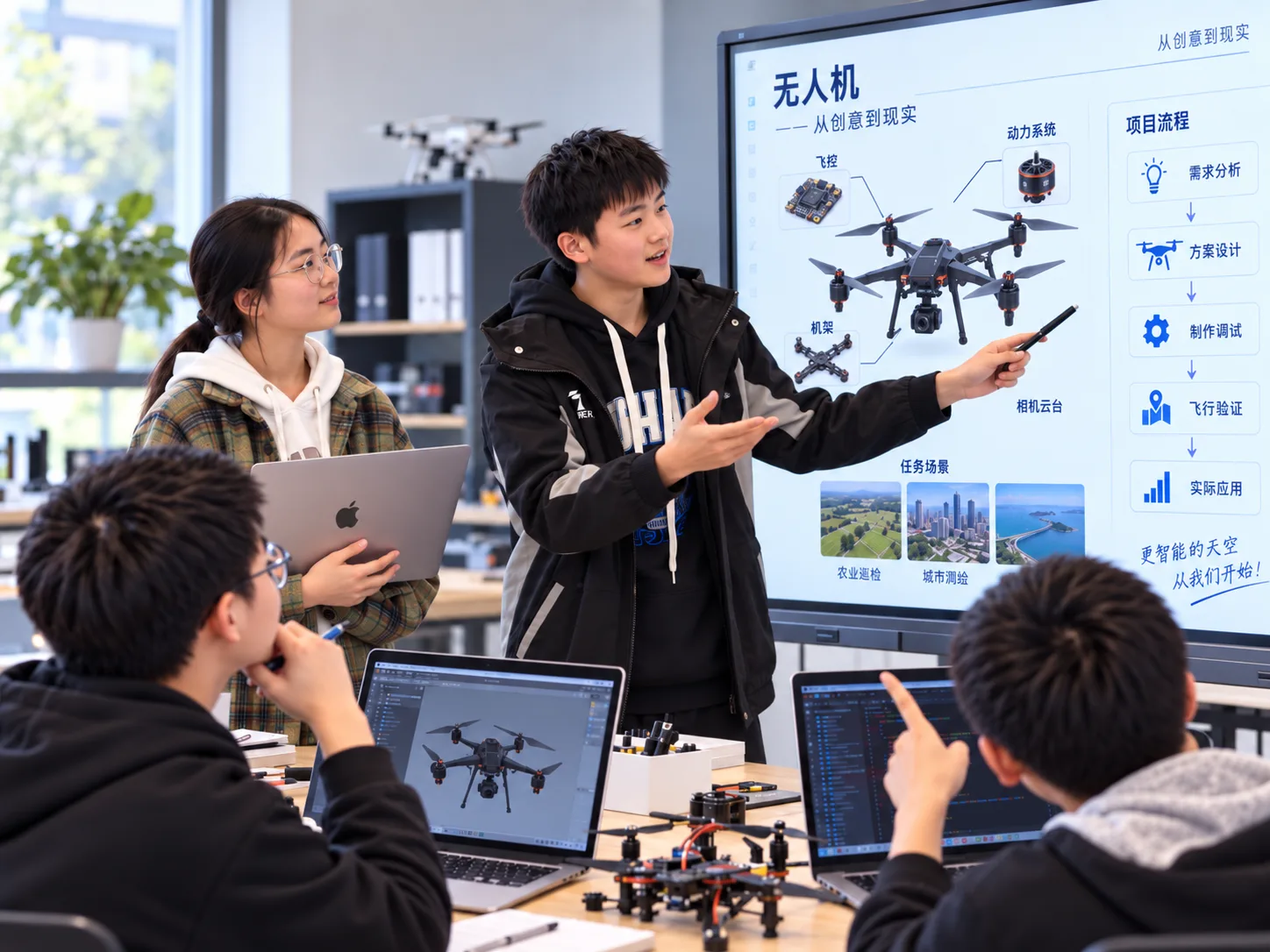 少年在教室讲解无人机项目,同学围绕讨论的 AI 场景示意