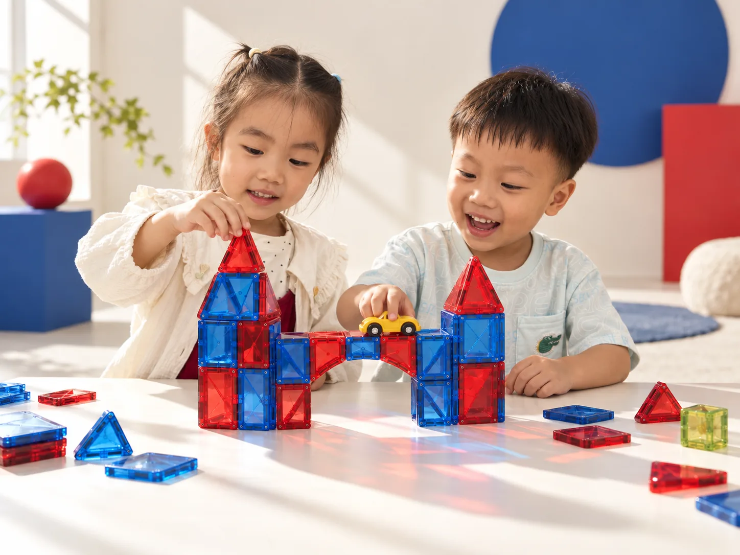 两位幼儿协作搭建红蓝透明磁力片拱桥的 AI 科学启蒙场景示意