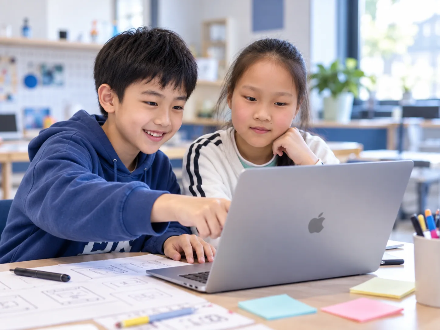 两位少年在电脑前协作学习编程的 AI 实践场景示意